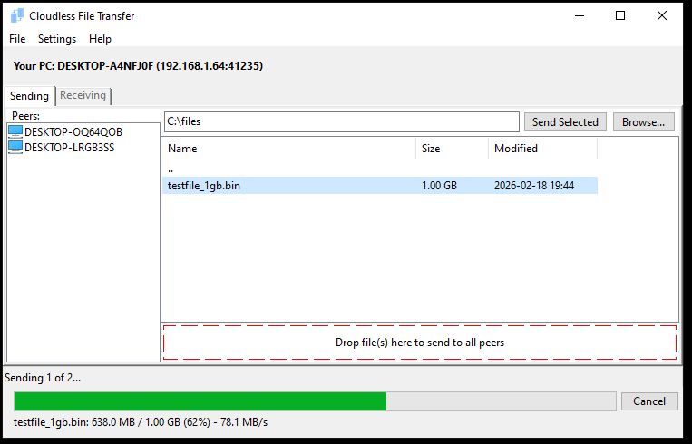 Cloudless File Transfer active file transfer with progress bar and speed indicator