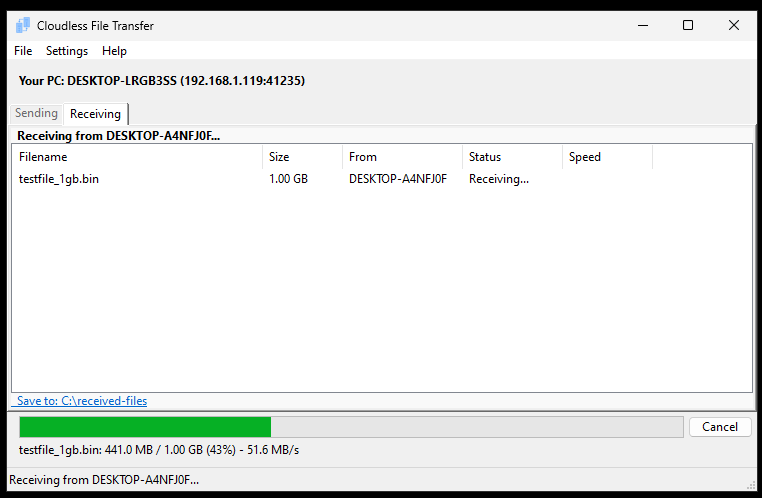 Cloudless File Transfer peer list showing multiple discovered computers on the network