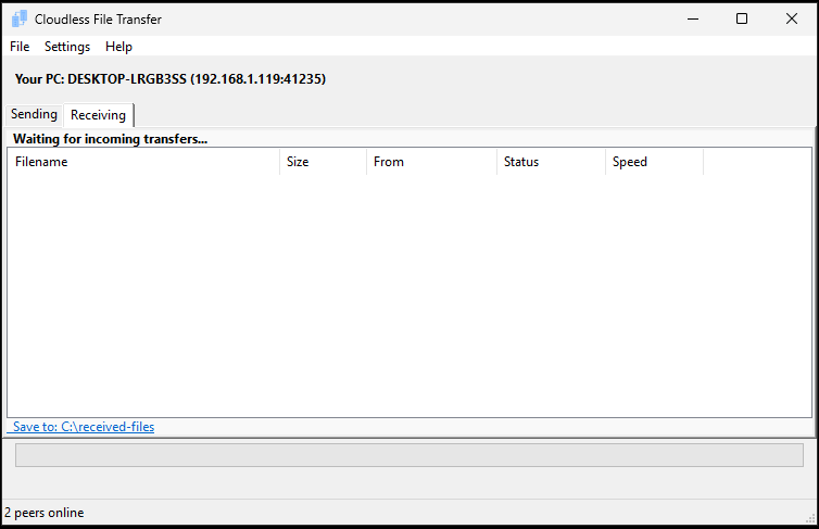 Cloudless File Transfer receiving tab with completed file list and session summary