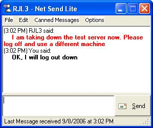 Net Send Lite chat window showing message history