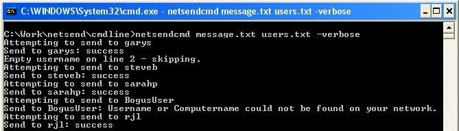 Group Net Send command prompt showing batch messaging output