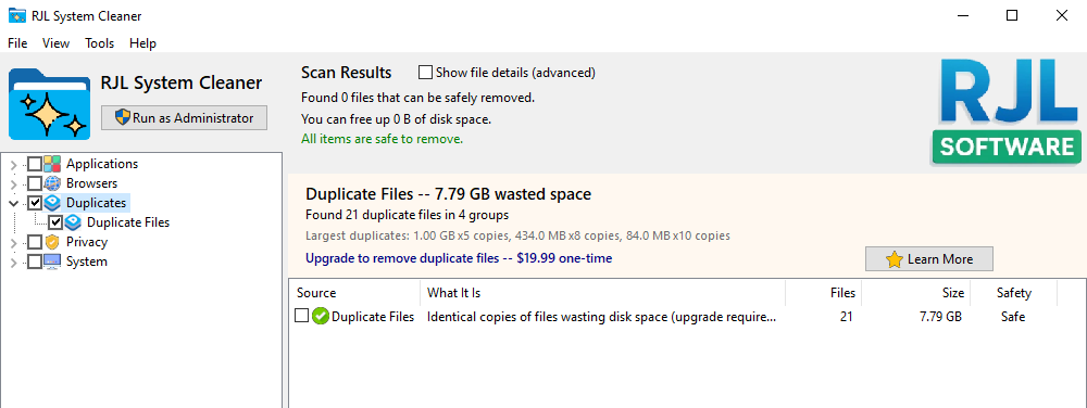 RJL System Cleaner results showing zero junk files but 7.79 GB of duplicate files across 21 files in 4 groups, with the largest duplicates noted and an upgrade prompt to remove them